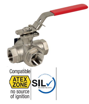 Stainless steel ball valve 3 Way T port THREADED 781 XS SSBV. 3W-T BSP FFF 781XS